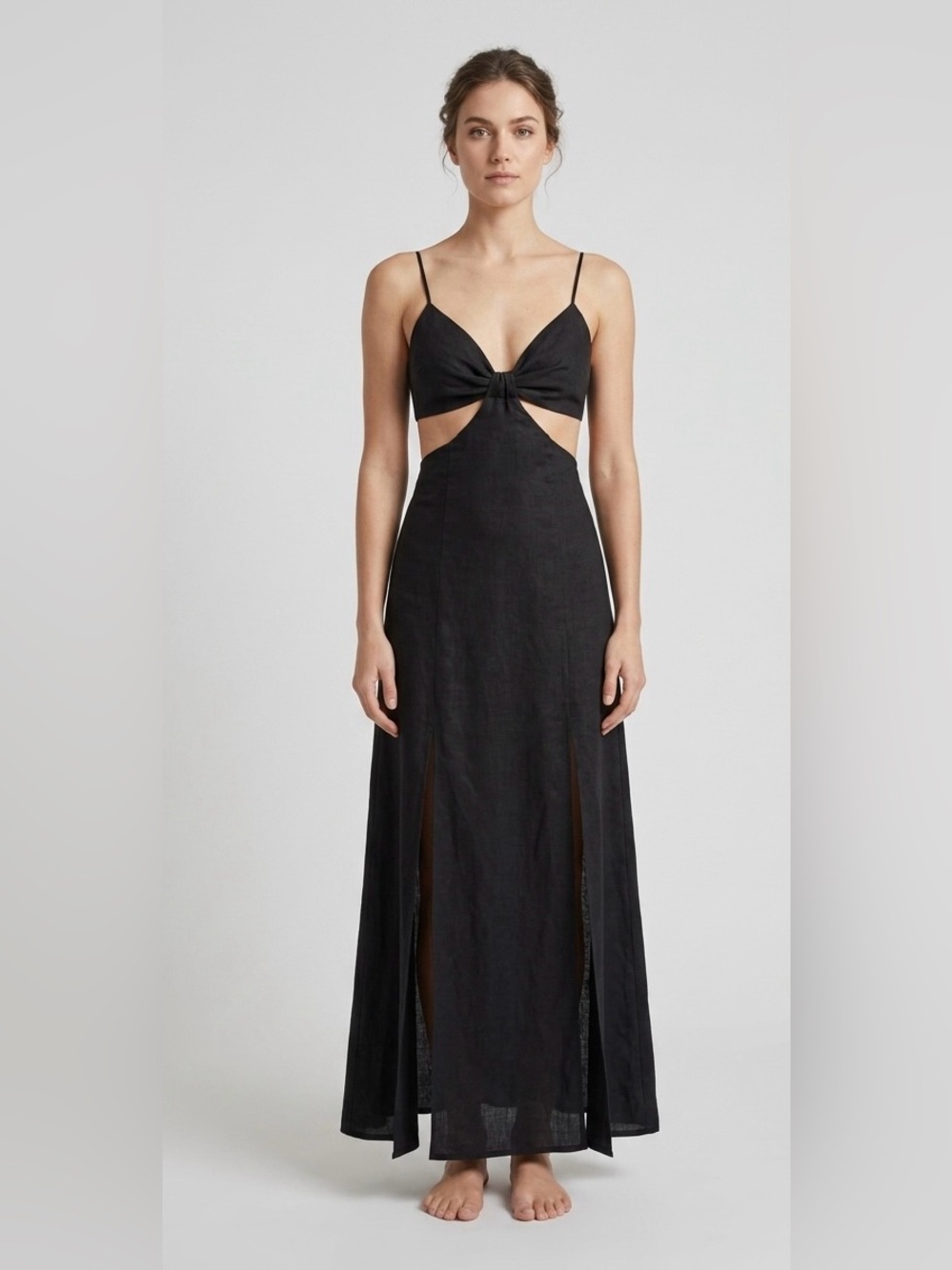 ViX Paula Hermanny "Leda" Black Linen-Blend Cutout Knot Front Maxi Dress 